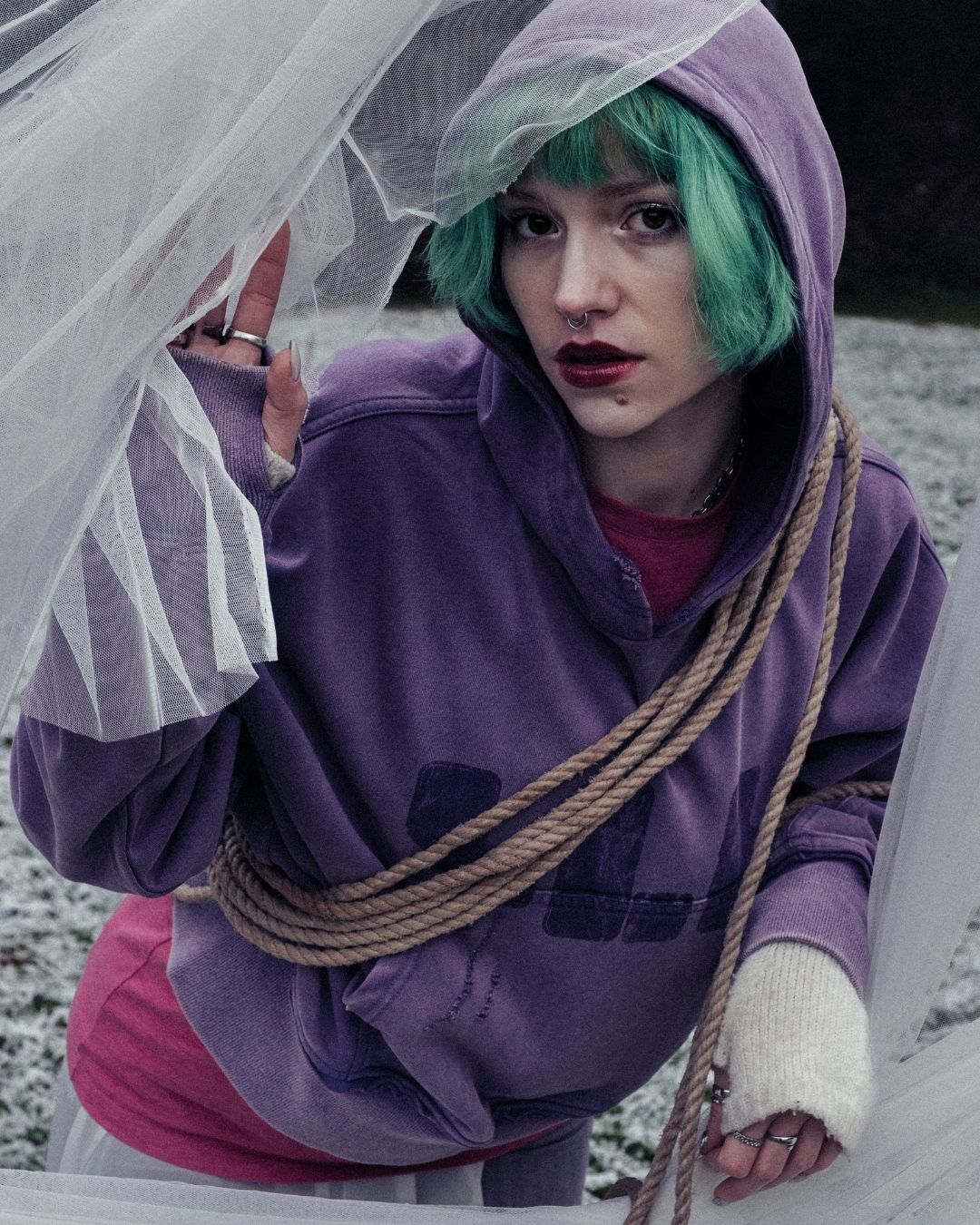 Purple Cropped Hoodie on female Model in detail