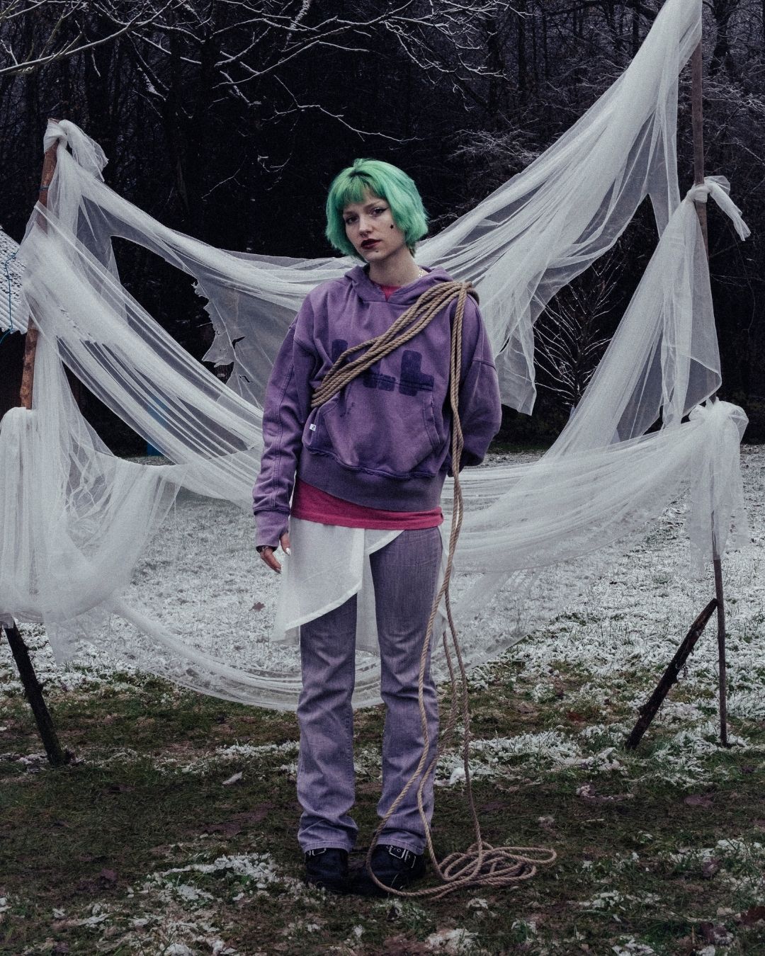 Purple Cropped Hoodie on female Model