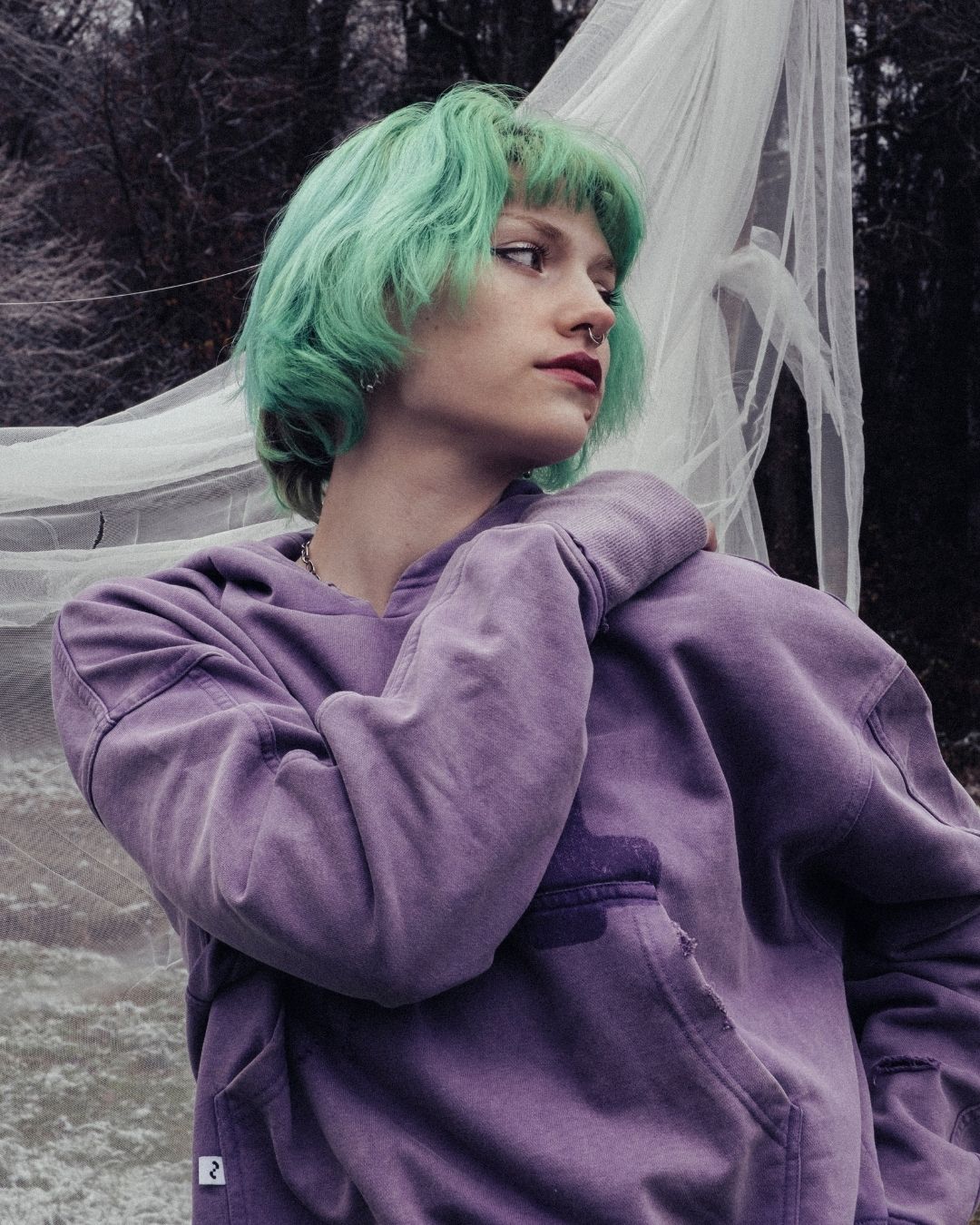 Purple Cropped Hoodie with washing on female Model 