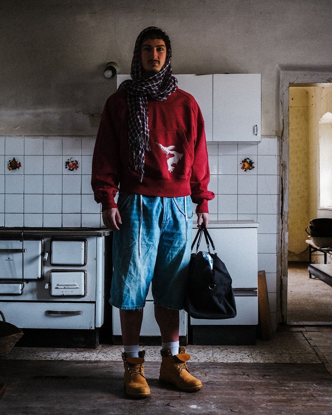 Red Cropped Hoodie with print on male Model